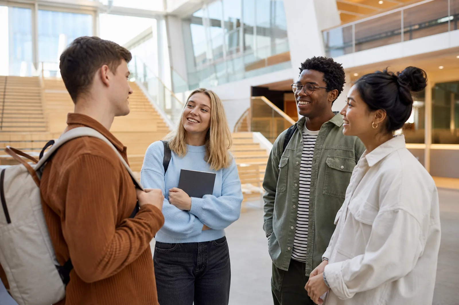 Students talking in a modern university atrium