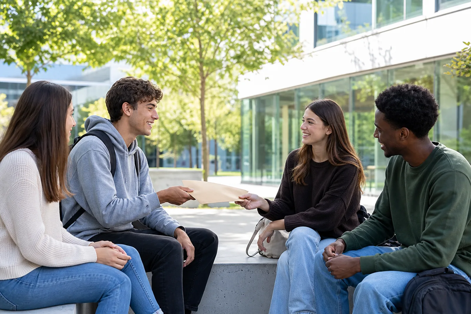 Students exchanging documents on a university campus